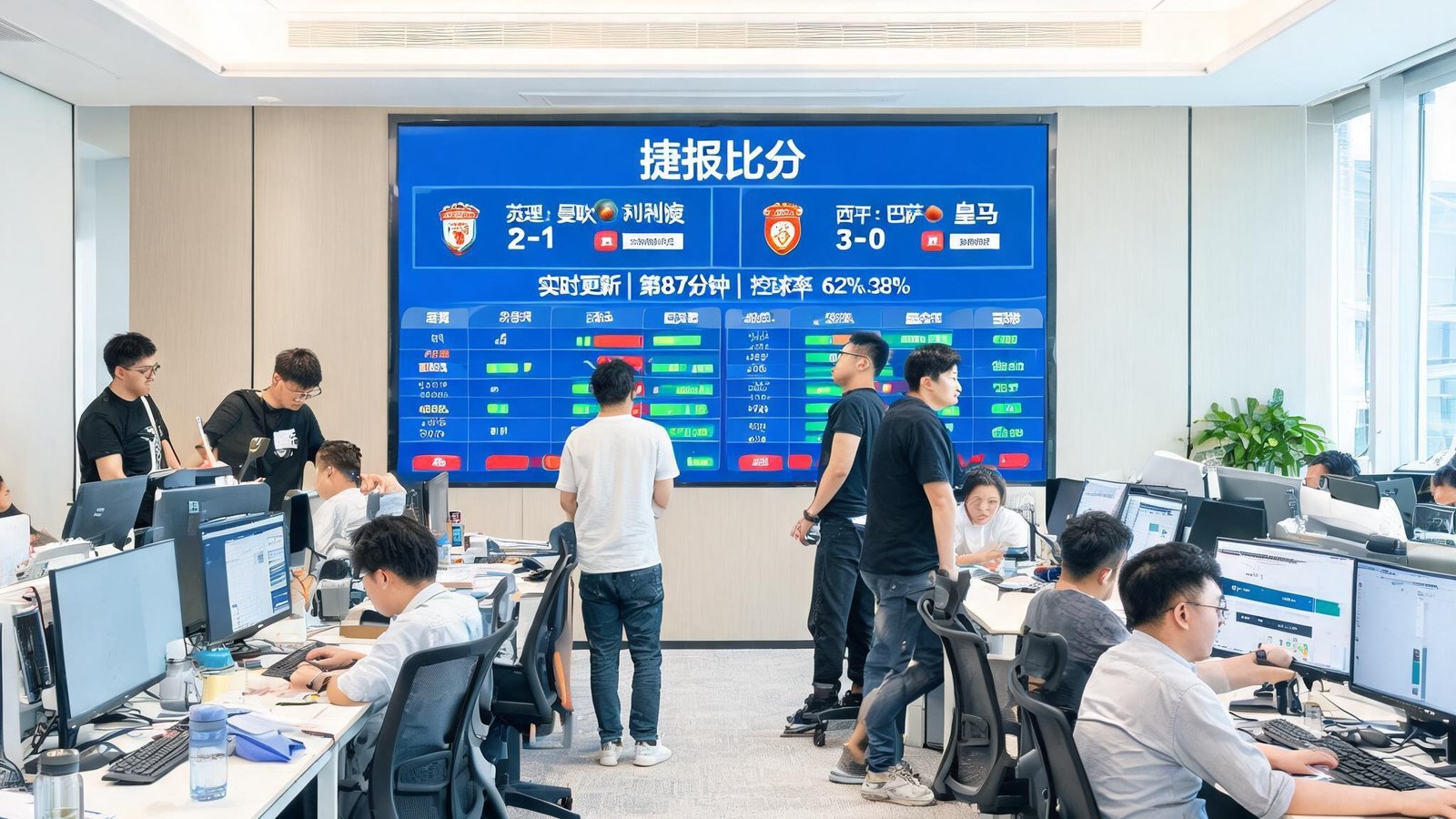 捷报比分团队在开放式办公室中工作，背景是大屏实时数据看板
