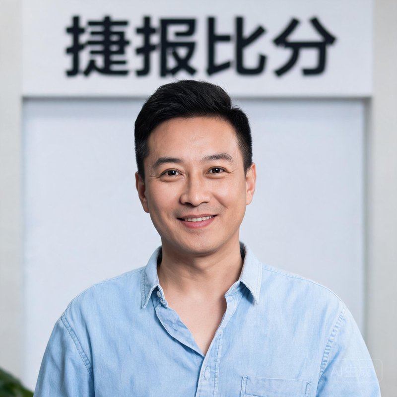 捷报比分创始人张伟，面带微笑，穿着休闲衬衫