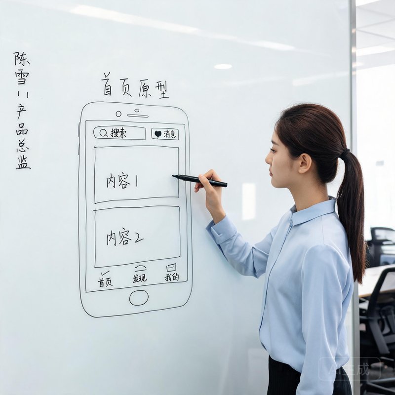 产品总监陈雪，正在白板上画产品原型